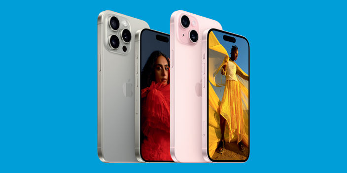 iPhone 15 family on blue background